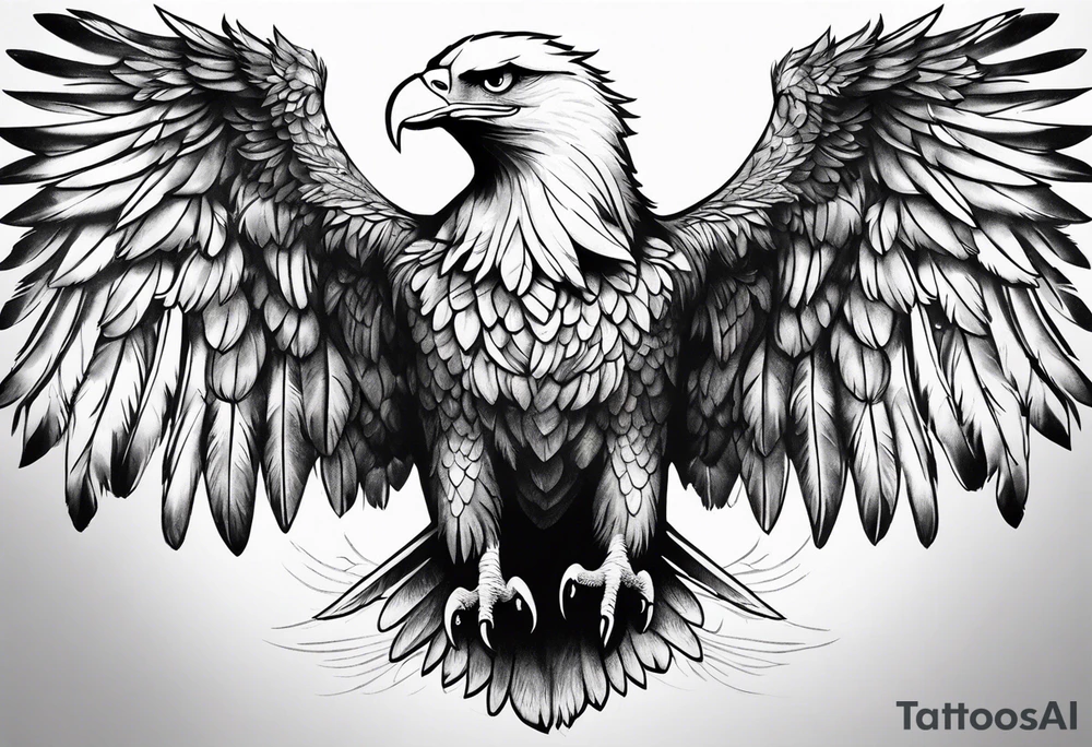 Eagle wings across male upper back and shoulders with detailed feathers, extending a few inches down each arm tattoo idea