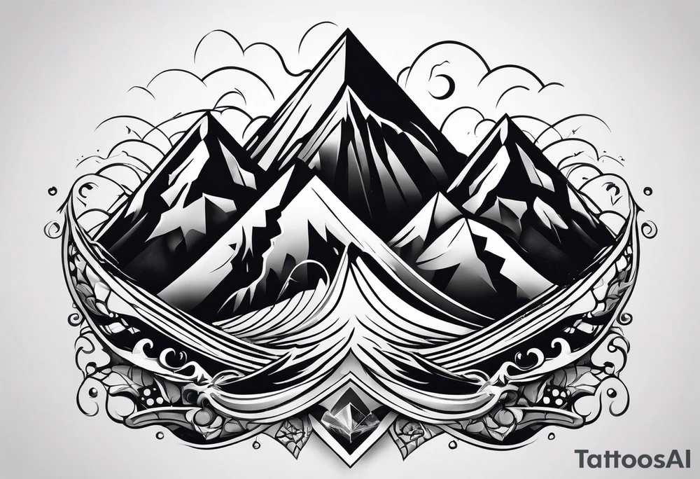 Mountains and ocean waves crashing diamond shape tattoo idea