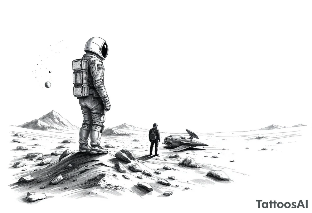 Full sleeve tattoo design for the right forearm, in realistic black and grey style.
The scene shows a lonely astronaut standing on the surface of an unknown planet, similar to the Moon’s landscape.
In front of him stretches a vast, mysterious universe filled with glowing planets, stars, and cosmic nebula light.
A few meters beside him lies a crashed and smoking spaceship, broken and damaged, showing clear signs of impact.
The image represents loneliness and survival — the moment when the astronaut realizes he is completely alone in an unfamiliar world.
The atmosphere should feel melancholic, cinematic, and deeply emotional, combining realism with fantasy.
Fine shading, detailed textures, and strong light-shadow contrast, designed to wrap naturally around the right forearm. tattoo idea
