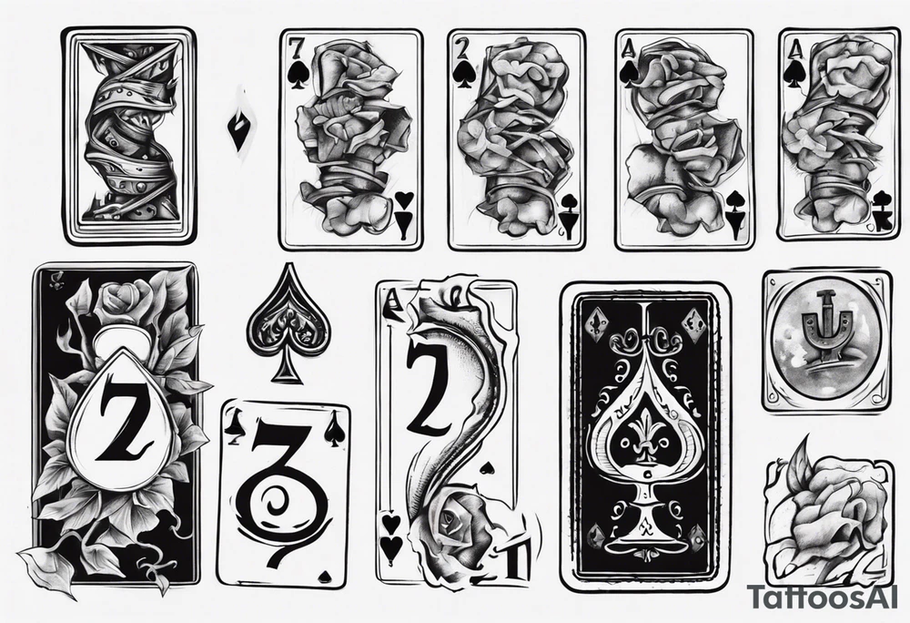 Number 7 and number 2 stacked poker card, most outward facing card has a small gravestone on it tattoo idea
