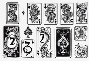 Number 7 and number 2 stacked poker card, most outward facing card has a small gravestone on it tattoo idea