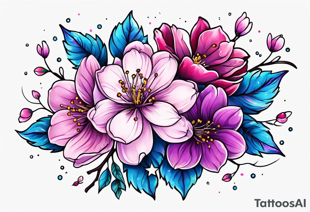 Stars, pinks, purple, blues and cherry blossoms tattoo idea