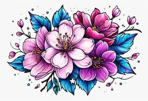 Stars, pinks, purple, blues and cherry blossoms tattoo idea