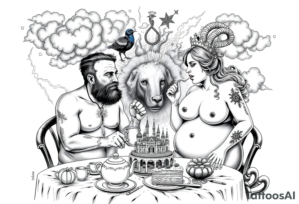 Mystical Naked Man and woman eating cake  having sex Storm lightening clouds gothic sexy naked fat lady having a tea party with tea pot and Victorian castle explosions
with a piggy, peacock, noose, lion, goat, smoking cigerettes looking in the mirror thru storm clouds with razor blades and broken hearts and darkness and wrath, envy , gluttony, greed, sloth, pride kill tattoo idea