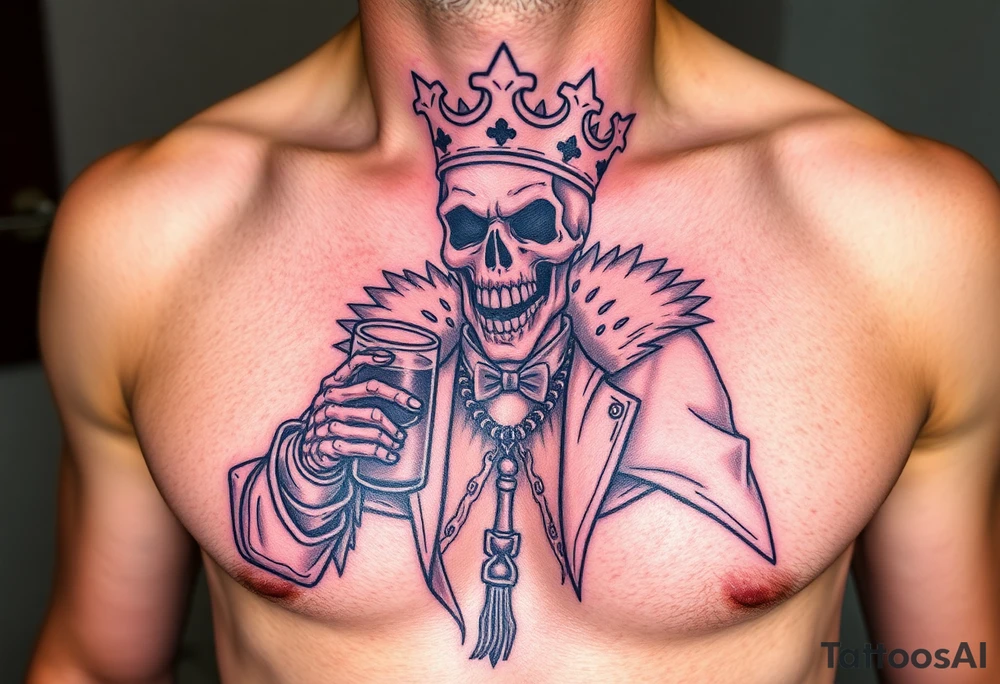 evil skeleton king in clothes having a good time getting drunk tattoo idea