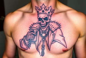 evil skeleton king in clothes having a good time getting drunk tattoo idea