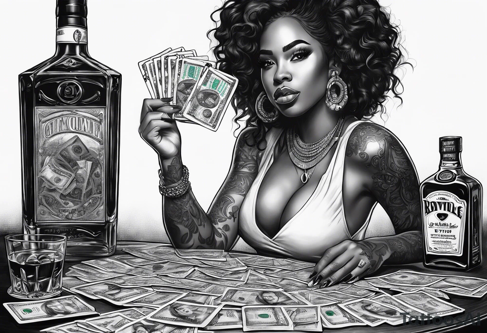 black woman bitting money dice cards whiskey tattoo idea
