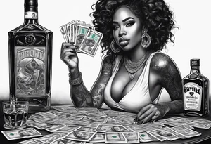 black woman bitting money dice cards whiskey tattoo idea