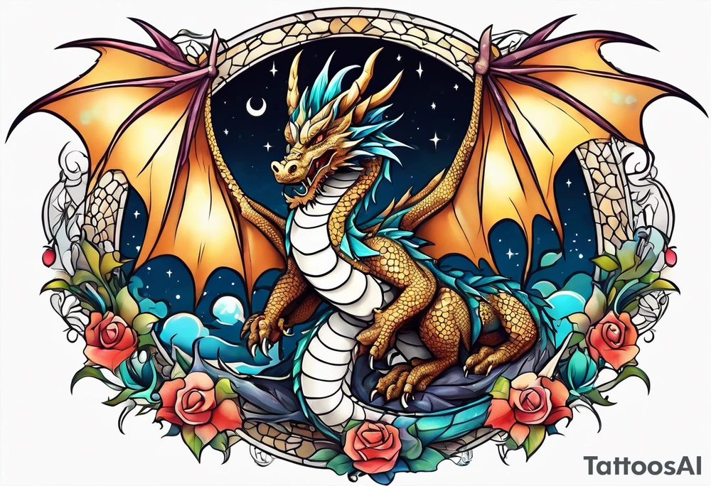Dragon cute, celestial, cross tattoo idea