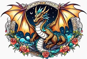 Dragon cute, celestial, cross tattoo idea