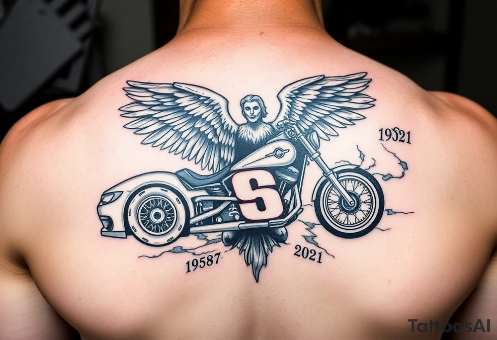Dale Earnhardt car on it with the year 1958 - 2021 intertwined with a motorcycle on it with guardian angel wolves tattoo idea