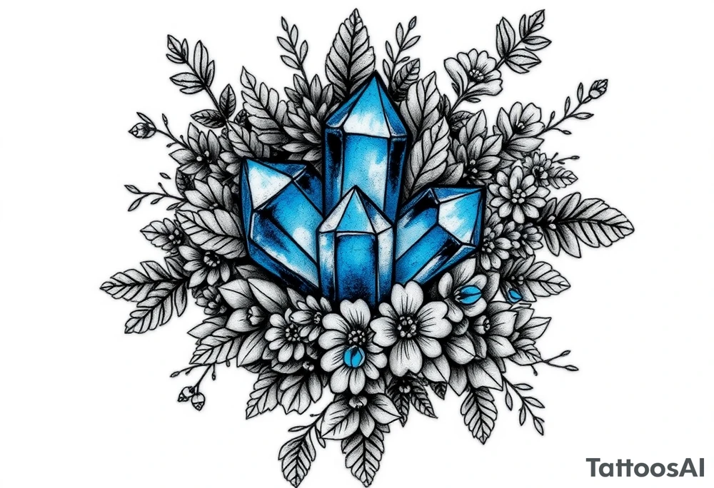 cluster of three vibrant blue crystals interwoven between foliage so that it looks like the leaves and foliage and flowers are weaving in and out and wrapping around the crystals. 

Surround these with a dense arrangement of black-and-grey foliage, flowers, and shrubs. The crystals should be faceted, standing out vividly in blue against the surrounding monochrome elements.

Integrate additional smaller crystal clusters (each with 3–4 crystals) throughout the foliage, but render these in fine black-and-grey linework so they blend naturally with the botanical elements. Use dotwork and fine shading for depth, with clean linework that balances organic foliage with the sharp geometry of the crystals.

All elements are black and grey except the main central crystal cluster, which is a striking blue. tattoo idea