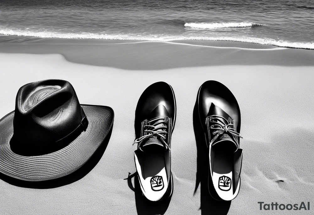 Two flip flops next to a pair of timberland boots on the Beach. ADD a cowboyhat tattoo idea