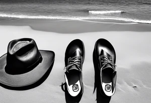 Two flip flops next to a pair of timberland boots on the Beach. ADD a cowboyhat tattoo idea