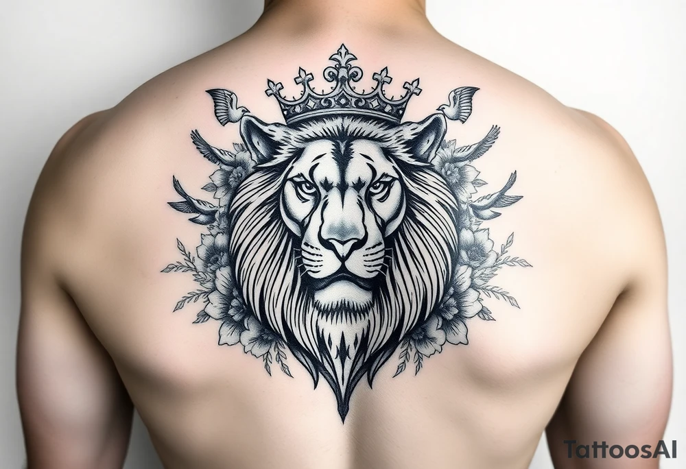 powerful majestic lion with a crown, surrounded by floral ornaments and birds tattoo idea