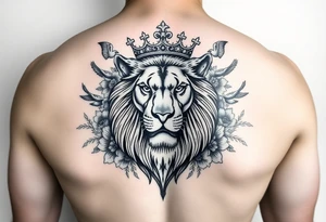 powerful majestic lion with a crown, surrounded by floral ornaments and birds tattoo idea