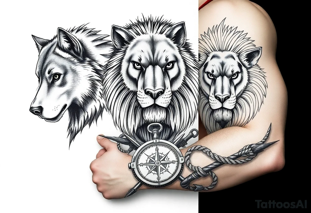 portions wolf, bear, lion, surrounded by a broken old school compass with a rope and anchor on the bottom tattoo idea