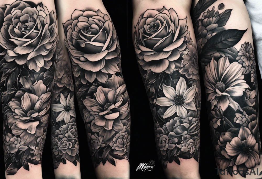 1/2 sleeves full of flowers with a mom older son  younger daughter in the middle tattoo idea