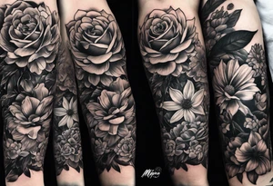 1/2 sleeves full of flowers with a mom older son  younger daughter in the middle tattoo idea
