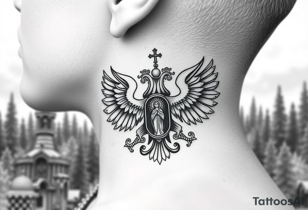 russian coat of arms double headed eagle traditional christian orthodox cross with a virgin mary stood in the entrance of a russian orthodox dome church on the side of the neck in a wilderness setting tattoo idea