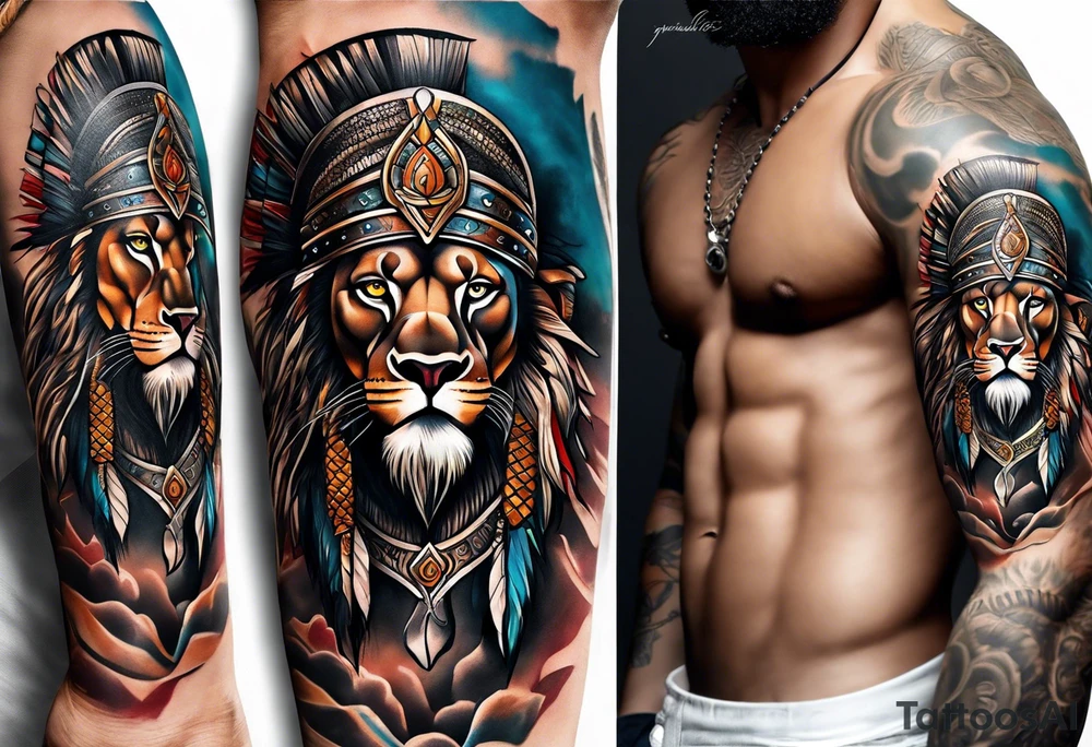 Forearm tattoo of a African warrior with a lion tattoo idea