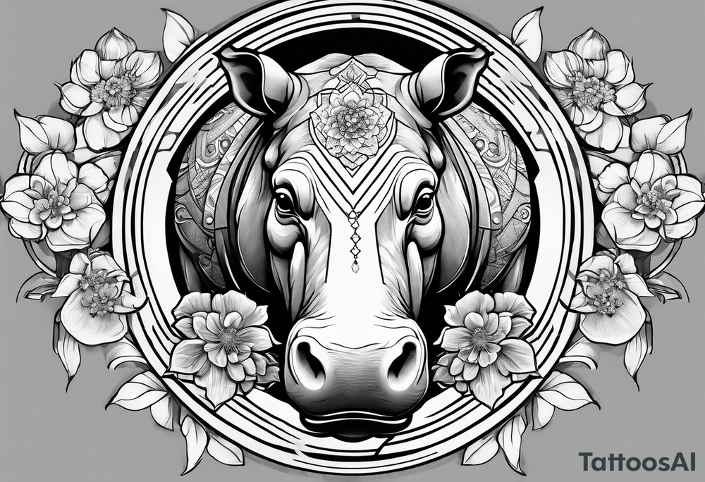 A symbolic hippo head with a detailed realistic full moon on upper right corner and wintersweet flower on lower left corner, looking like a totem tattoo idea