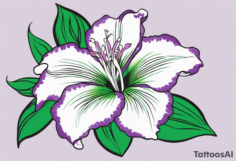 An outline of a rio dipladenia flower with a brush stroke green and purple background tattoo idea