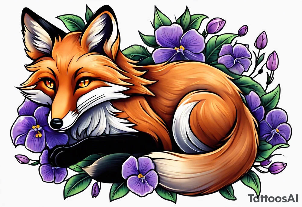 Neo traditional fox with violets tattoo idea