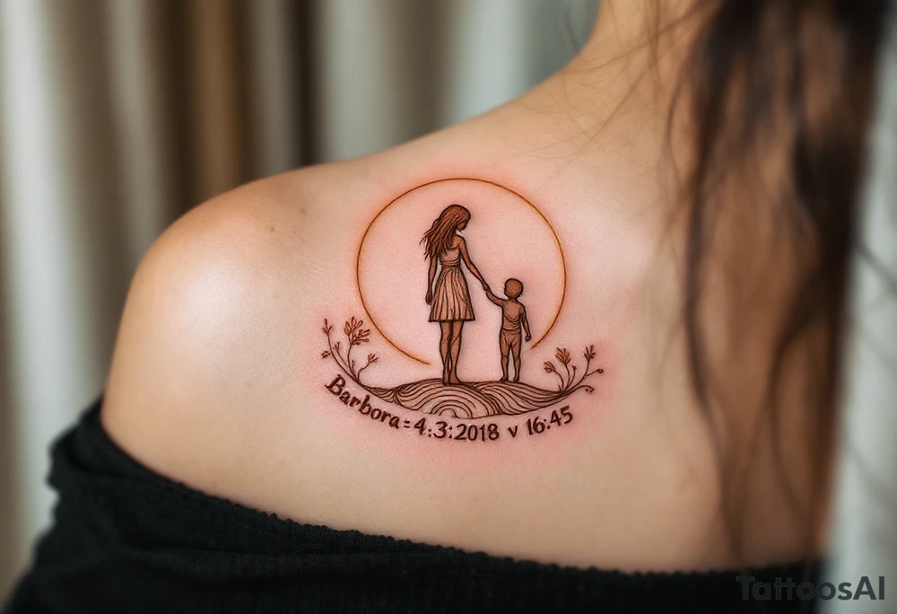 Parent and child silhouette beneath written "Barbora – 4.3.2018 v 16:45", drawn in warm brown lines. tattoo idea