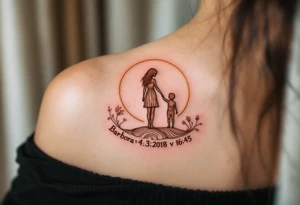 Parent and child silhouette beneath written "Barbora – 4.3.2018 v 16:45", drawn in warm brown lines. tattoo idea