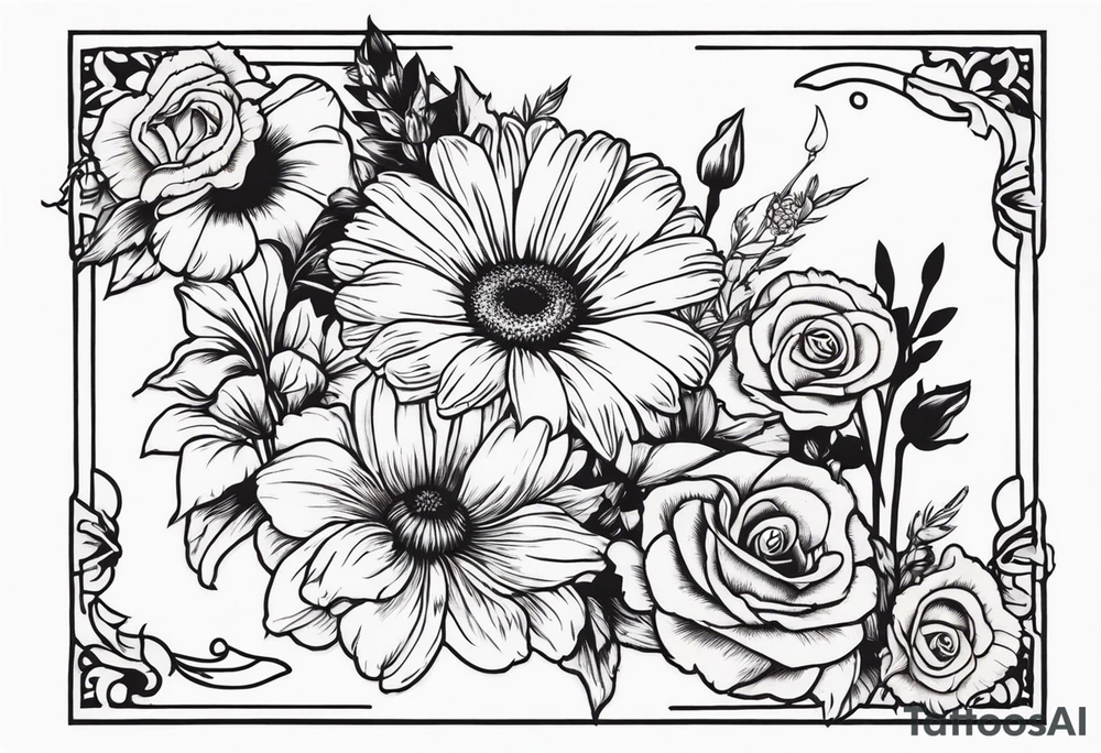 A vintage vertical design of a daisy and a rose with gladiolus flowers and poppies weaving through tattoo idea
