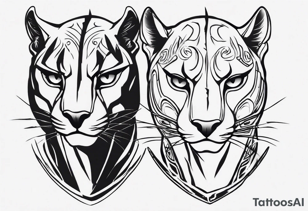 Two black pumas walking past each other and looking at each other, seen from above tattoo idea