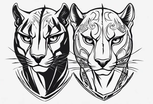 Two black pumas walking past each other and looking at each other, seen from above tattoo idea