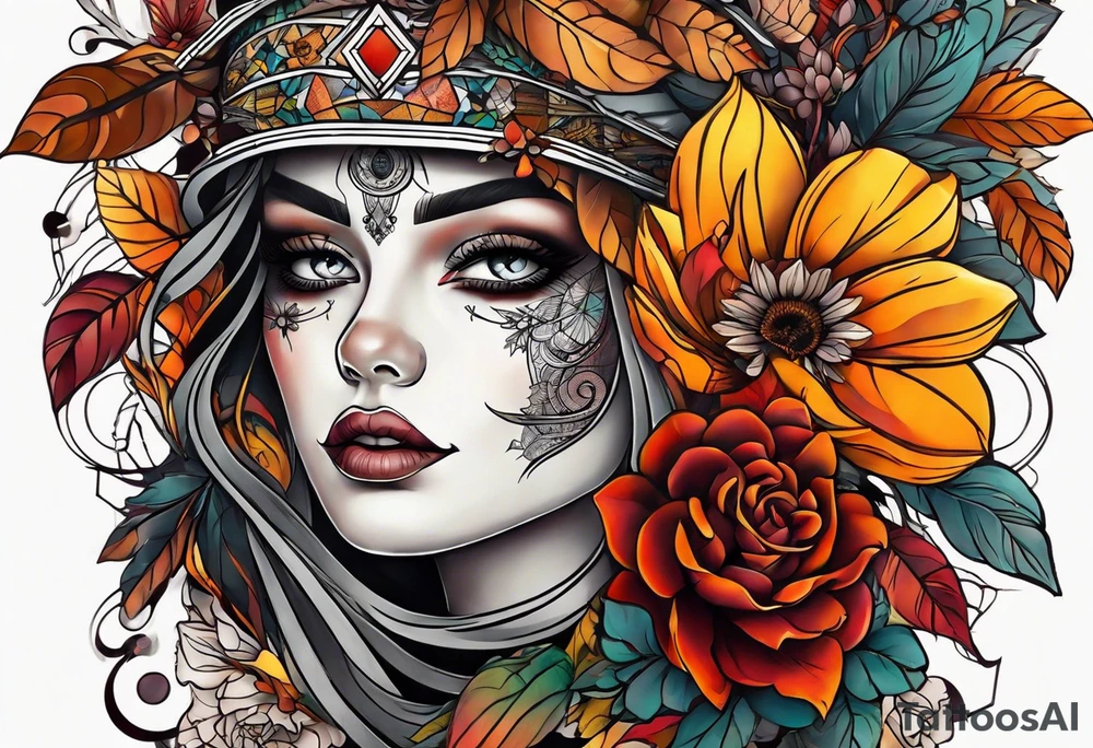 Knee tattoo with fall colors, flowers, skulls and geometric shapes. tattoo idea