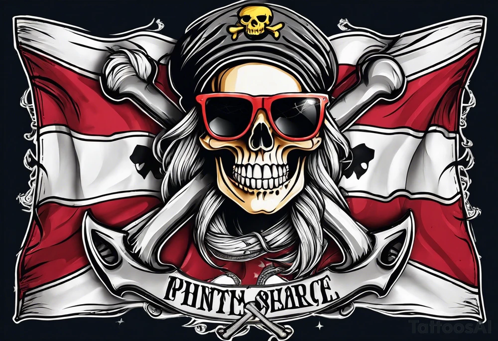 pirate flag with a female skull wearing glasses with two blonde buns and crossbones underneath, no hat tattoo idea