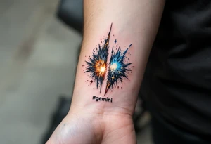 A twin comet design, one burning in fiery orange and the other glowing in icy blue, crashing into each other with word !gemini" underneath. tattoo idea