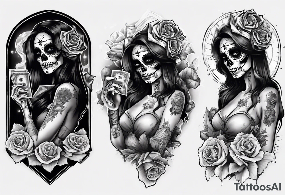 santa la muerta with money luxury tattoo idea