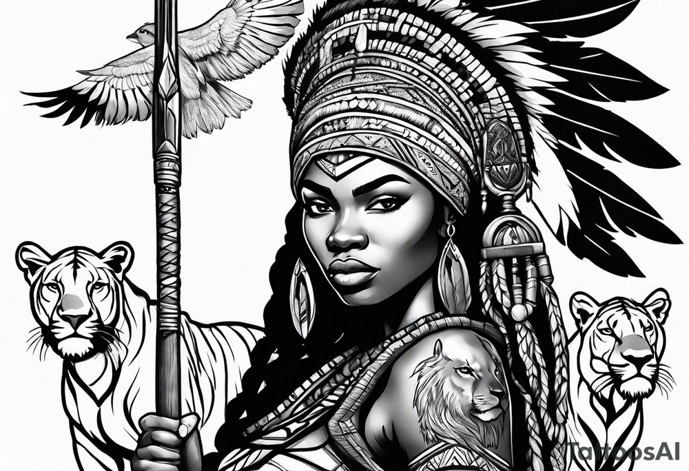 African woman warrior holding a spear with birds and lion in the background tattoo idea