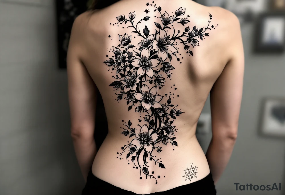 1.	Cherry Blossom Flow (Central Spine): A cascading cherry blossom flowing vertically along the spine to cover the central portion of the existing tattoo. Symmetrical patterns inspired by ornamental designs, with intricate curves and dotwork extending outward from the base of the spine. These elements should balance the floral motif and enhance the lower back area with a decorative, feminine flair.
	3.	Dotwork and Contouring: Delicate linework and dot patterns should be added around the floral design to give texture and seamlessly blend the tattoo with the surrounding skin. The ornamentation should curve naturally along the shape of the body, creating a cohesive, elegant look. tattoo idea