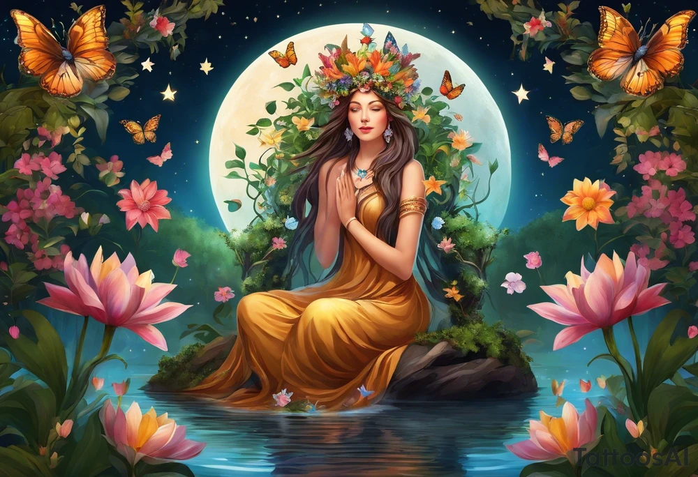 Beautiful woman made of tree, branches, and leaves surrounded by flowers. She is wearing a crown made of butterflies and has a pond and lilies near her feet with colorful vegetation. She is holding her arms upright and has her hands cupped above her head. Above her hands she has the moon, stars, and sun. The moon, stars, and sun have a flower accent. tattoo idea