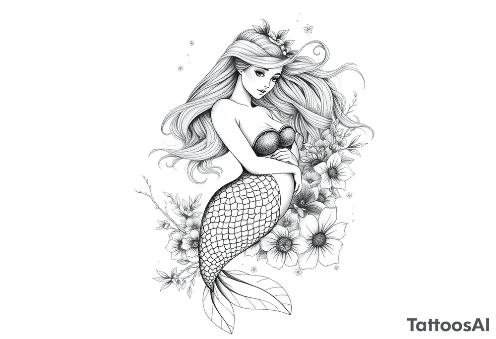 ethereal mermaid with flowing hair among coral and sea flowers tattoo idea