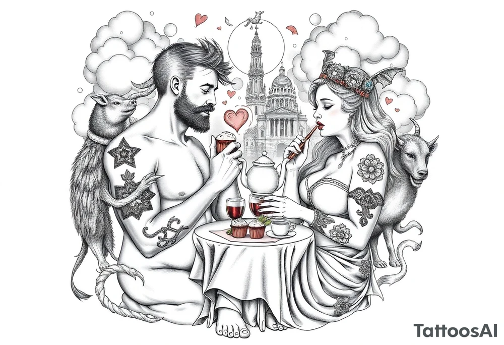 Mystical Naked Man and woman having sex eating cupcakes and liquor fruit  having sex clouds gothic sexy naked fat lady having a tea party with tea pot and castle 
with a pigs, peacock, noose, lion, goat, smoking cigerettes looking in the mirror thru storm clouds with razor blades and broken hearts and darkness and wrath, envy , gluttony, greed, sloth, pride kill tattoo idea