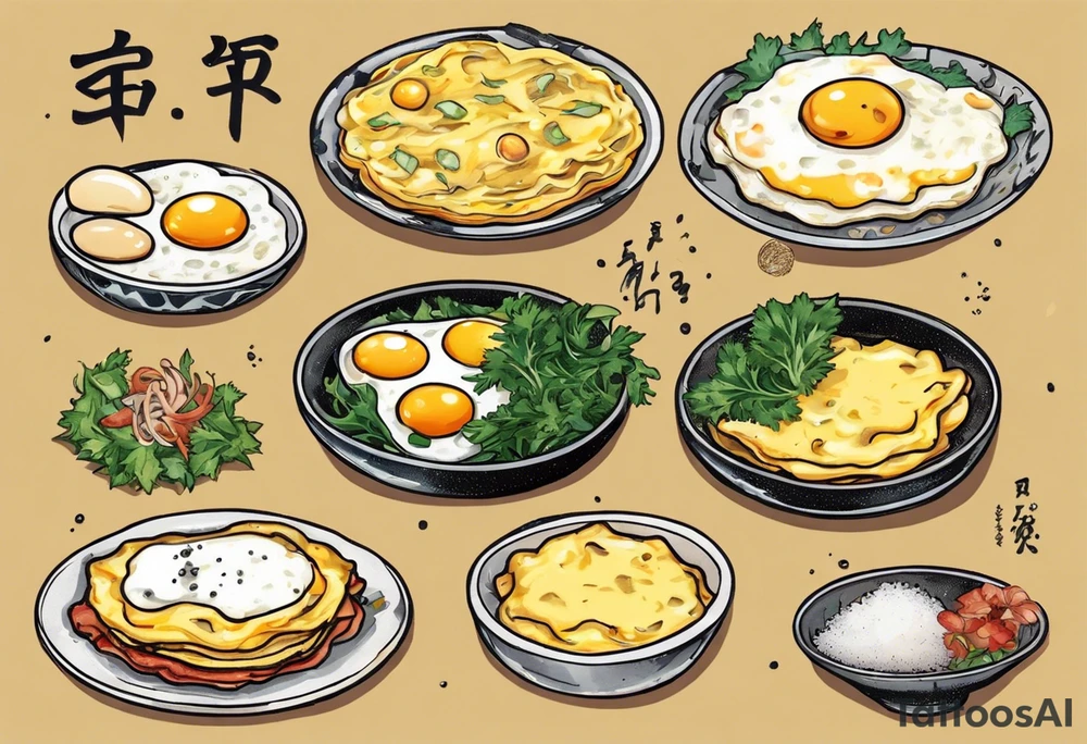 A round omlette, thin 5 fried eggs with salt pepper and a bit greens and shredded cheese on the top tattoo idea