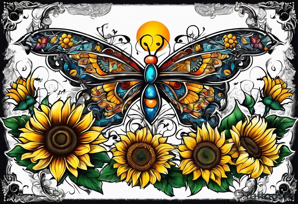 Winged cross with sunflower and butterflies tattoo idea