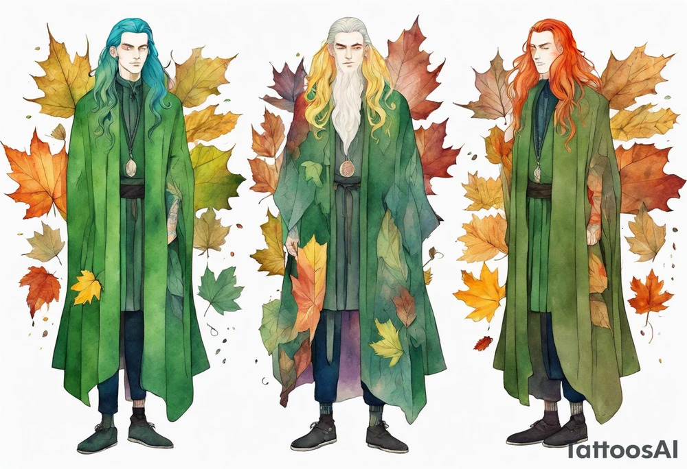 A tall, beautiful Swedish man with long rainbow hair. Green tinted skin. Wearing a medieval cloak made out of autumn leaves. tattoo idea