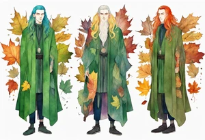 A tall, beautiful Swedish man with long rainbow hair. Green tinted skin. Wearing a medieval cloak made out of autumn leaves. tattoo idea