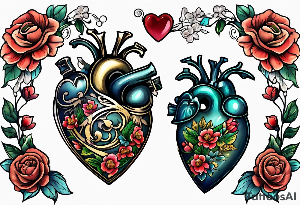 heart locket with flowers tattoo idea