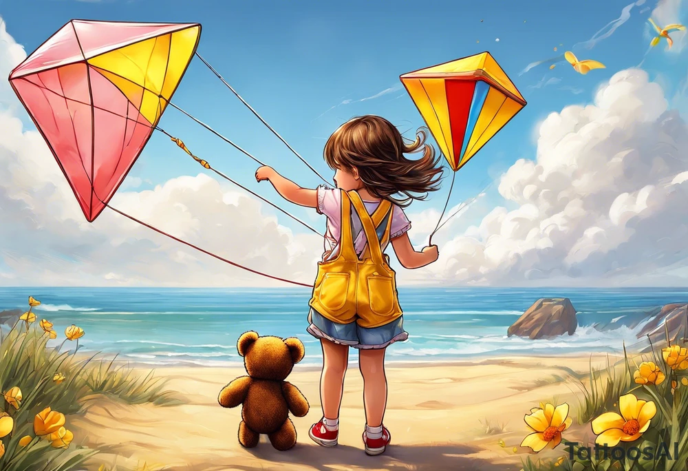 back image of a little girl flying a kite with a teddy bear in yellow overalls standing beside her tattoo idea