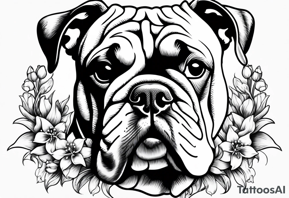 english bulldog with lily of the valley tattoo idea