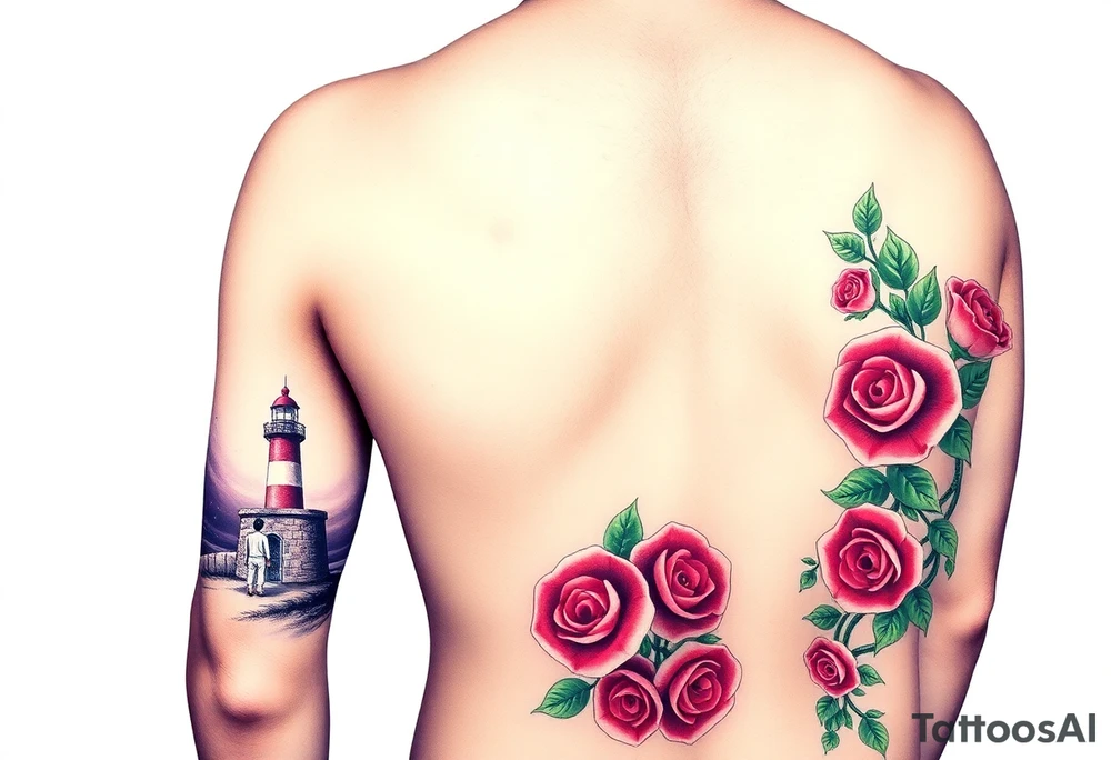 A full sleeve tattoo in illustrative realism style, showing a detailed lighthouse on the forearm glowing at night, with a dark purple starry sky. A man and a boy are standing at the base of the red and white lighthouse, holding hands and looking up at it. From the elbow up to the shoulder, the arm is filled with large, vibrant red roses and green vines blending into the same purple sky. The entire scene is atmospheric, emotionally rich, with soft lighting, high detail, and smooth blending between elements.” tattoo idea